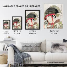Artery8 Woman Dancer With Fan Vintage Japan Framed Wall Art Print Kitagawa in Green - Size: A4 - thumbnail 3