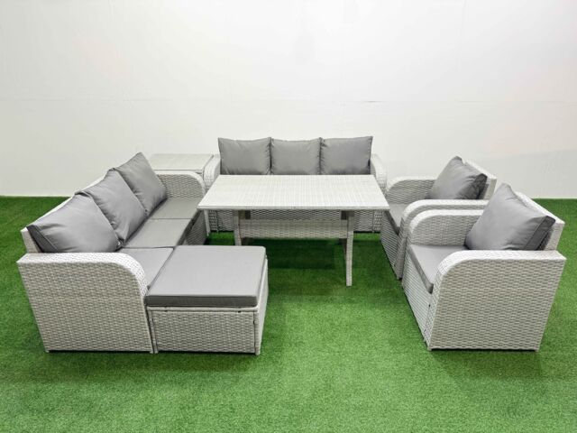 Fimous PE Rattan High Back Lounge Sofa Set Patio Rectangular Dining Table & Chairs Set w/ 3 Seater Sofa Reclining Chair Big Footstool Side Table - image 1