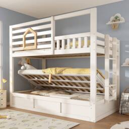 Merax White Kids Bunk Bed 3FT Wooden Cabin Bed with Hydraulic Storage - Size: Single - thumbnail 7