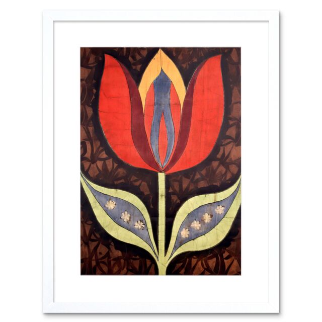 "Artery8 Wall Art Print A Single Tulip Flower Batik Style Pattern Folk Artwork Framed 9X7 Inch in White - Size: W7"" x H9""" - image 1