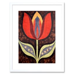 "Artery8 Wall Art Print A Single Tulip Flower Batik Style Pattern Folk Artwork Framed 9X7 Inch in White - Size: W7"" x H9""" - thumbnail 1