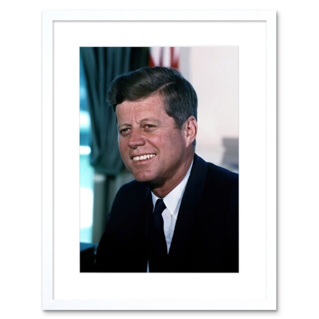 "Artery8 Wall Art Print US President John F Kennedy Portrait Photo Artwork Framed 9X7 Inch in White - Size: W7"" x H9""" - image 1