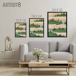 "Artery8 Landscape With Hills Pattern Framed Canvas Wall Art Print Bijutsukai in Green - Size: W12"" x H16""" - thumbnail 4