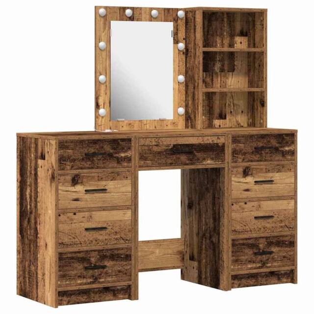 Berkfield Home 3-Piece Dressing Table Set with LED in Old Wood Finish in Brown - image 1