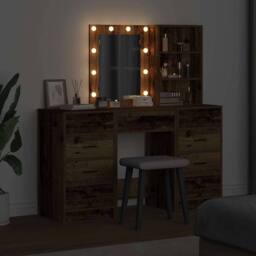 Berkfield Home 3-Piece Dressing Table Set with LED in Old Wood Finish in Brown - thumbnail 4