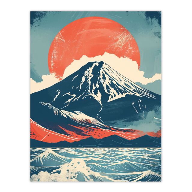 "Artery8 Mount Fuji Sun Japanese Bold Artwork Blue Orange Wall Art Print - Size: W12"" x H16""" - image 1