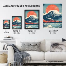 "Artery8 Mount Fuji Sun Japanese Bold Artwork Blue Orange Wall Art Print - Size: W12"" x H16""" - thumbnail 3