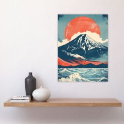 "Artery8 Mount Fuji Sun Japanese Bold Artwork Blue Orange Wall Art Print - Size: W12"" x H16""" - thumbnail 4