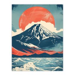 "Artery8 Mount Fuji Sun Japanese Bold Artwork Blue Orange Wall Art Print - Size: W12"" x H16""" - thumbnail 1