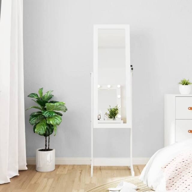 Berkfield Home Mirror Jewellery Cabinet with LED Lights Free Standing White - image 1