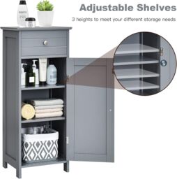 Gymax Bathroom Floor Cabinet Organizer 3-Position Adjustable Shelves Drawer in Grey - thumbnail 4