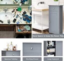 Gymax Bathroom Floor Cabinet Organizer 3-Position Adjustable Shelves Drawer in Grey - thumbnail 3