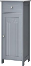Gymax Bathroom Floor Cabinet Organizer 3-Position Adjustable Shelves Drawer in Grey