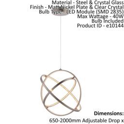 Loops Ceiling Pendant Light Matt Nickel & Clear Crystal 40W LED Bulb Included in Metallics - thumbnail 2