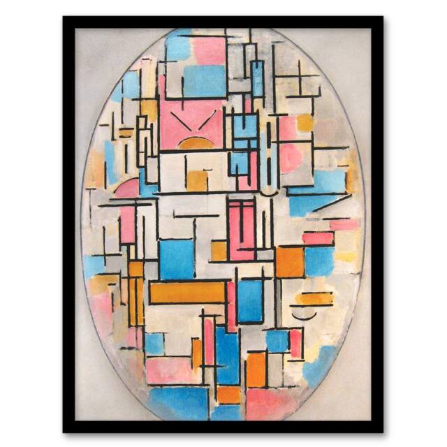 Artery8 Piet Mondrian Framed Wall Art Composition in Oval with Color Planes in White - Size: A4 - image 1