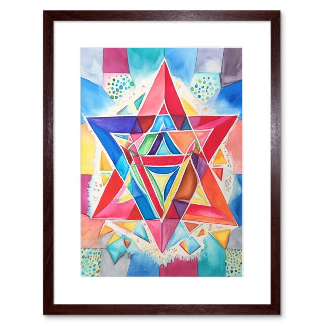 "Artery8 Wall Art Print Jewish Star Of David Bright Multicoloured Folk Art Watercolour Painting Artwork Framed 9X7 Inch in Brown - Size: W7"" x H9""" - image 1