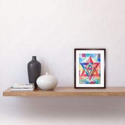 "Artery8 Wall Art Print Jewish Star Of David Bright Multicoloured Folk Art Watercolour Painting Artwork Framed 9X7 Inch in Brown - Size: W7"" x H9""" - thumbnail 2