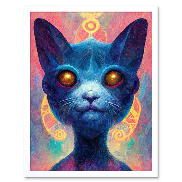 "Artery8 Wall Art Print Cosmos Astral Cat With Colourful Energy Frequencies Art Framed in White - Size: W12"" x H16""" - image 1