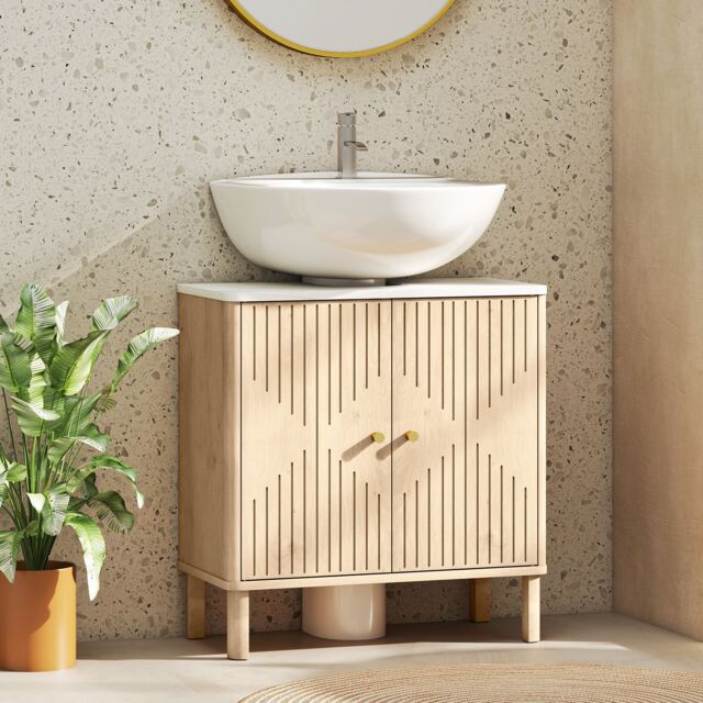 HOMCOM Under Sink Bathroom Cabinet for Basin without or with Pedestal, Oak in Light Oak - image 1