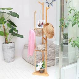 Kelvenix Wooden Coat Hat Hanger Stand 10 Hooks Floor Standing in Brown - thumbnail 1