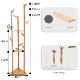 Kelvenix Wooden Coat Hat Hanger Stand 10 Hooks Floor Standing in Brown - thumbnail 2