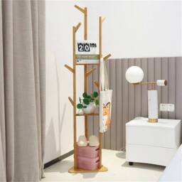Kelvenix Wooden Coat Hat Hanger Stand 10 Hooks Floor Standing in Brown - thumbnail 4