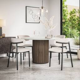 More4Homes Arlo White Marble Table Top W Walnut Legs + Myla Linen Dining Chair Set Of 4 in Beige - thumbnail 1