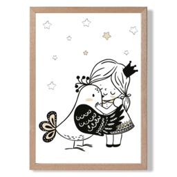 ARTZE Scandi Princess Lttle Hugging Bird Framed Print SIZE: A3 with Oak Frame in Black - Size: A4