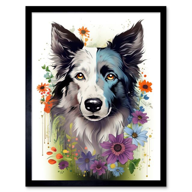 "Artery8 Wall Art Print Border Collie Dog Pict Scotland Blue Basant Face Bright Artwork Portrait with Wildflowers Art Framed - Size: W12"" x H16""" - image 1
