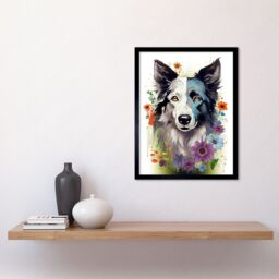 "Artery8 Wall Art Print Border Collie Dog Pict Scotland Blue Basant Face Bright Artwork Portrait with Wildflowers Art Framed - Size: W12"" x H16""" - thumbnail 2