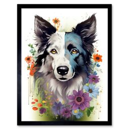 "Artery8 Wall Art Print Border Collie Dog Pict Scotland Blue Basant Face Bright Artwork Portrait with Wildflowers Art Framed - Size: W12"" x H16""" - thumbnail 1