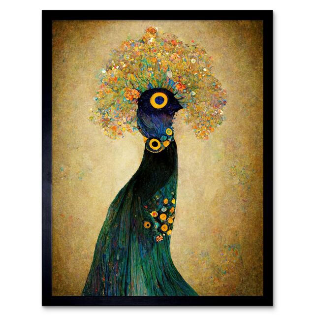 "Artery8 Wall Art Print Elegant Peacock Portrait In Emerald & Gold Gustav Klimt Art Framed in Black - Size: W12"" x H16""" - image 1