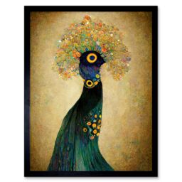 "Artery8 Wall Art Print Elegant Peacock Portrait In Emerald & Gold Gustav Klimt Art Framed in Black - Size: W12"" x H16""" - thumbnail 1