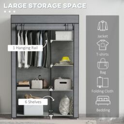 HOMCOM Fabric Wardrobe w/ Shelves Hanging Rail Foldable Closets in Dark Grey - thumbnail 4