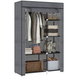HOMCOM Fabric Wardrobe w/ Shelves Hanging Rail Foldable Closets in Dark Grey - thumbnail 2