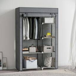 HOMCOM Fabric Wardrobe w/ Shelves Hanging Rail Foldable Closets in Dark Grey