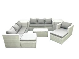 Fimous Wicker PE Rattan Sofa Garden Furniture Set with Armchair Oblong Coffee Table 2 Big Footstools 2 Side Tables Light Grey Mixed - thumbnail 1
