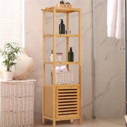 VOGREX Slim Bamboo Ladder Bathroom Cabinet Shutter Door Storage Shelf in Beige - thumbnail 4