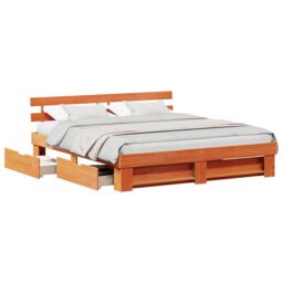 Berkfield Home with Drawer with Headboard with Storage Wax brown 200 x 200 cm Solid pine wood - thumbnail 3