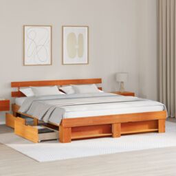 Berkfield Home with Drawer with Headboard with Storage Wax brown 200 x 200 cm Solid pine wood - thumbnail 5