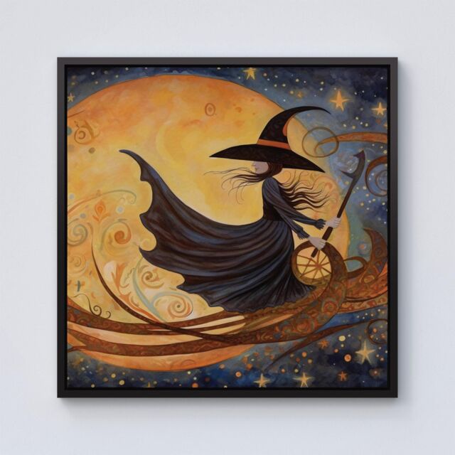 Warren Reed - Designer Imaginative Painting Of A Whimsical Witch On A Broomstick Framed Canvas in Black - Size: w40 inch x h40 inch - image 1