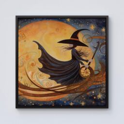 Warren Reed - Designer Imaginative Painting Of A Whimsical Witch On A Broomstick Framed Canvas in Black - Size: w40 inch x h40 inch - thumbnail 1