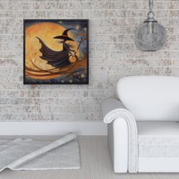 Warren Reed - Designer Imaginative Painting Of A Whimsical Witch On A Broomstick Framed Canvas in Black - Size: w40 inch x h40 inch - thumbnail 2