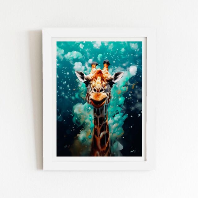 "Warren Reed - Designer Splashart Giraffe Face Framed Art Print in White - Size: W16"" x H24""" - image 1