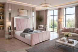 Stratus Interiors Knightsbridge Art Deco Lined Mirrored Bed Frame - Gas lift Storage in Pink - Size: Single