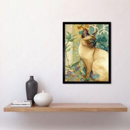 "Artery8 Wall Art Print Tonkinese Cat with Art Nouveau Botanical Patterns Colourful Watercolour Art Framed in Black - Size: W12"" x H16""" - thumbnail 2