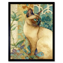"Artery8 Wall Art Print Tonkinese Cat with Art Nouveau Botanical Patterns Colourful Watercolour Art Framed in Black - Size: W12"" x H16""" - thumbnail 1