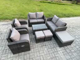 Fimous 9 Seater Rattan Garden Furniture Set Patio Outdoor Lounge Sofa Set with Rectangular Coffee Table 3 Footstools Love Sofa Dark Grey Mixed - thumbnail 1