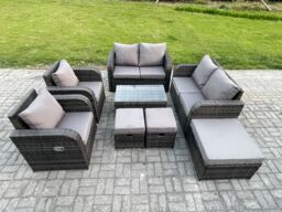 Fimous 9 Seater Rattan Garden Furniture Set Patio Outdoor Lounge Sofa Set with Rectangular Coffee Table 3 Footstools Love Sofa Dark Grey Mixed - thumbnail 2