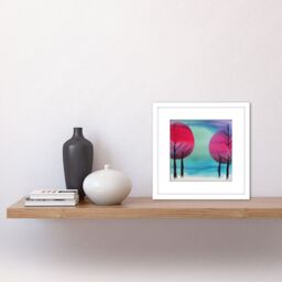 Artery8 Winter Forest Tree Landscape Japan Inspired Modern Abstract Watercolour Painting Turquoise Pink Purple Square Wooden Framed Wall Art Print - thumbnail 2